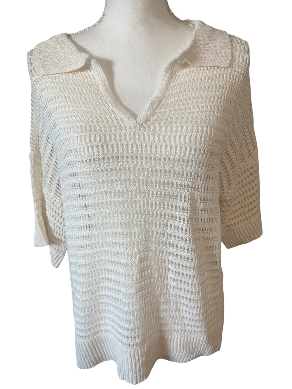 White Birch 🆕 Boutique Open Knit Crochet V-Neck Collared Sweater Oversized Med
